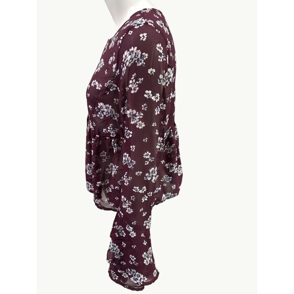Aeropostale Sheer Floral Chiffon Blouse Size Small Burgundy White Bell Sleeves - Picture 4 of 10